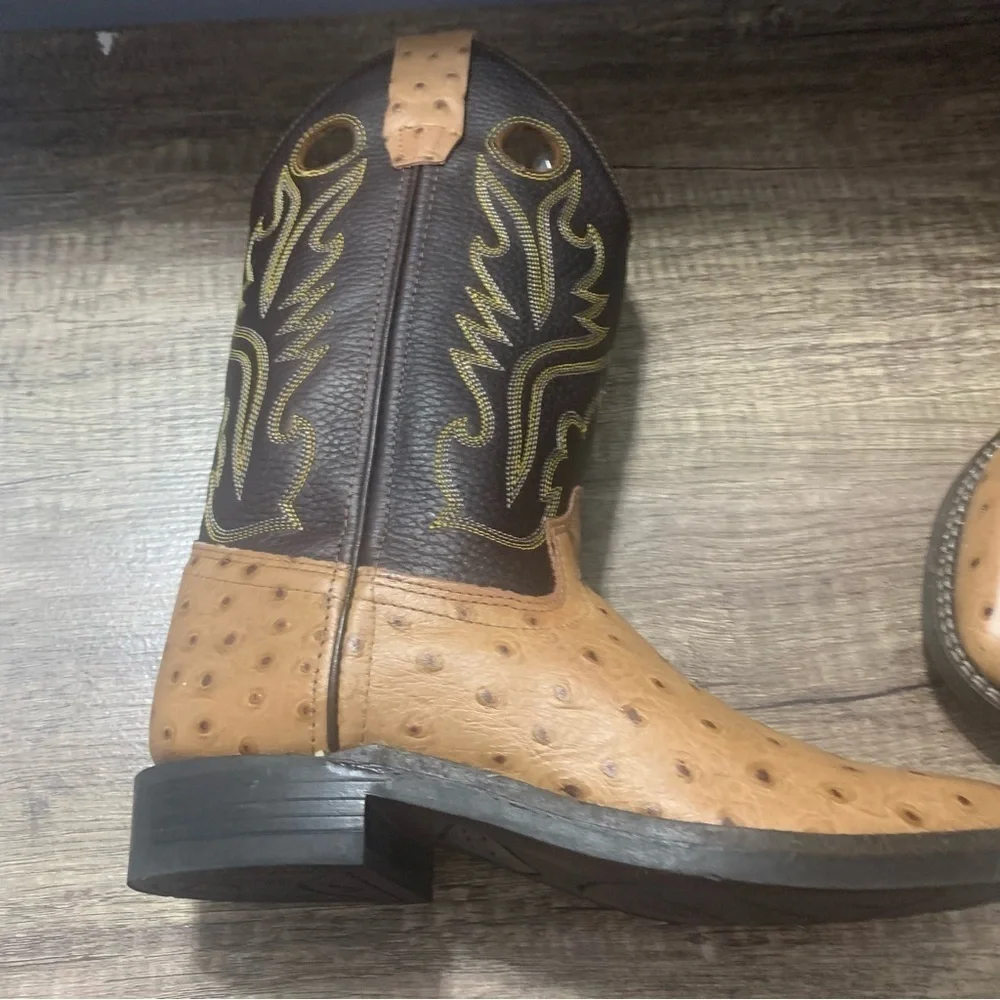 Old West Kids Faux Ostrich Square Toe Western Boots